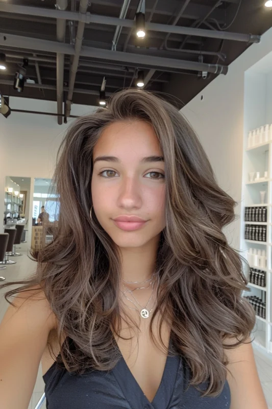 A woman with edgy smoky brown hair with ashy undertones.