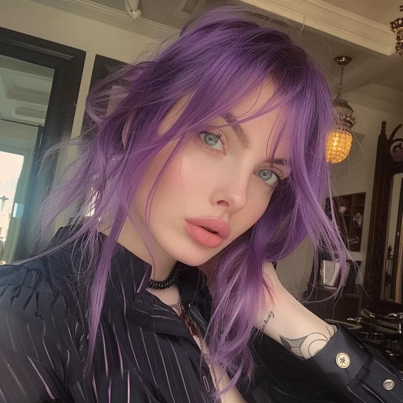 Woman with textured bob cut in a bold violet hair color, giving a fierce look.