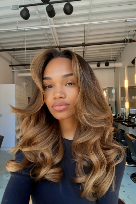 A woman with warm honey brown curls.
