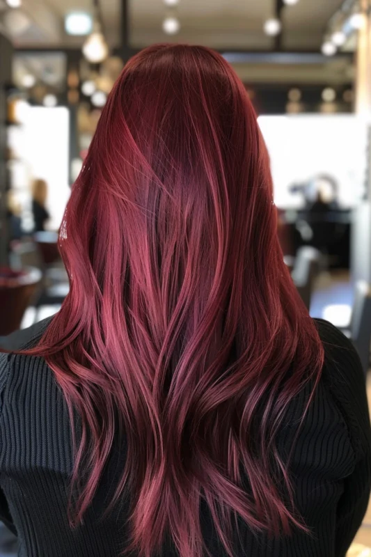 A woman with shiny, straight amaranth burgundy colored hair.