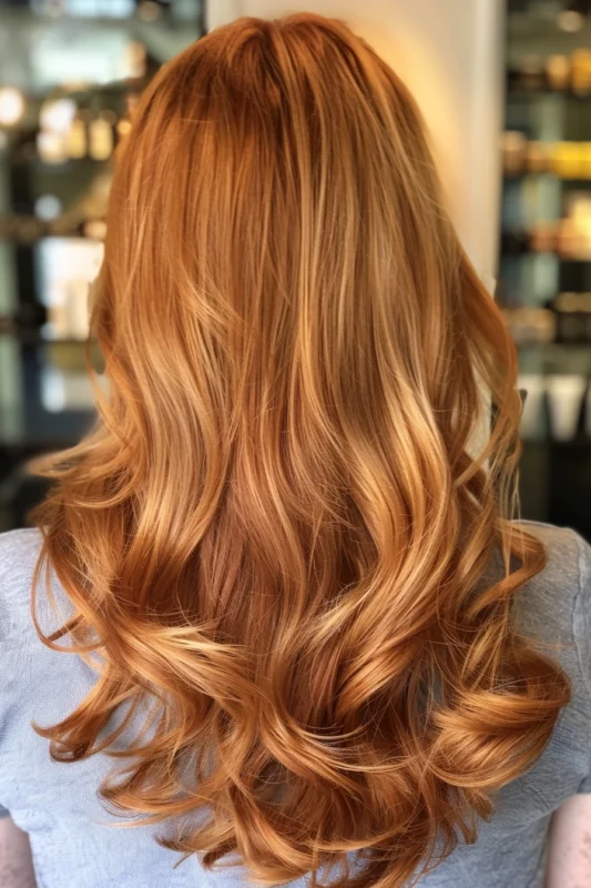 A woman's back showing her long, wavy amber hair.