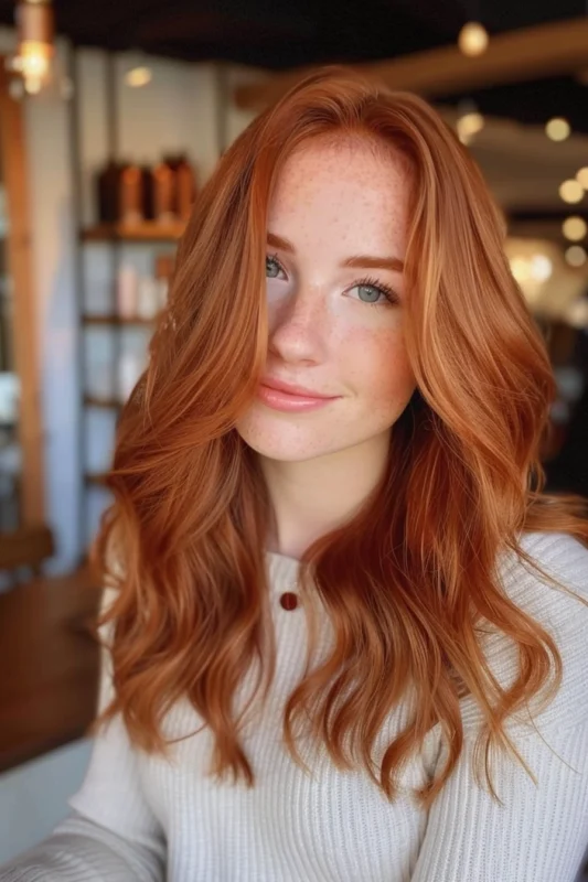 A woman with soft amber red hair in natural lighting.