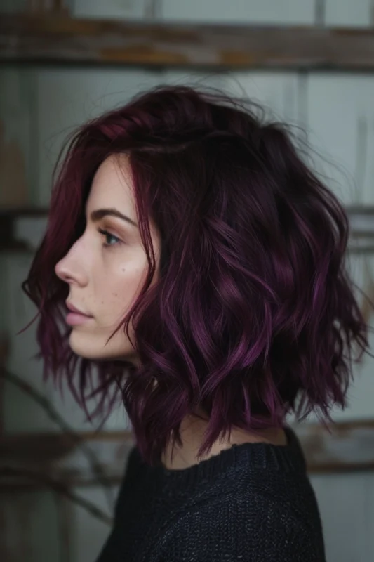 A woman with short, tousled aubergine burgundy colored hair.