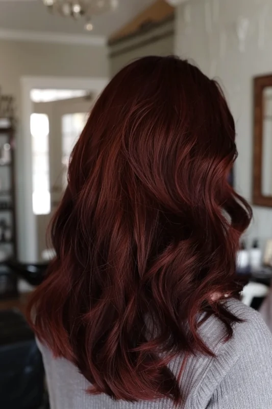 A woman's back showing her shiny, wavy auburn hair.