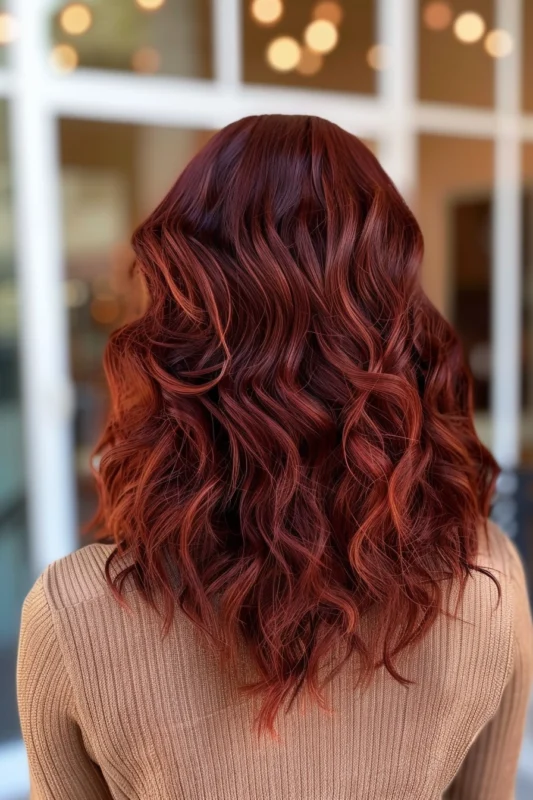 A view of cascading auburn red curls from the back.