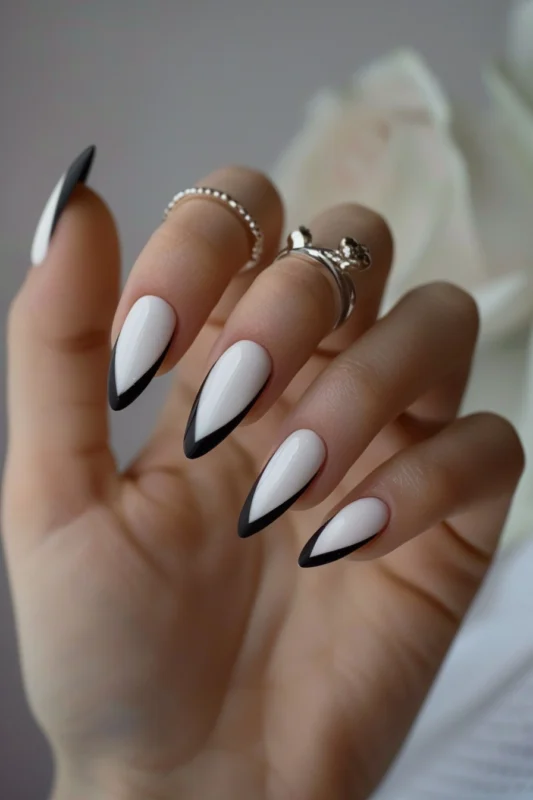 Black and white French tip stiletto nails.