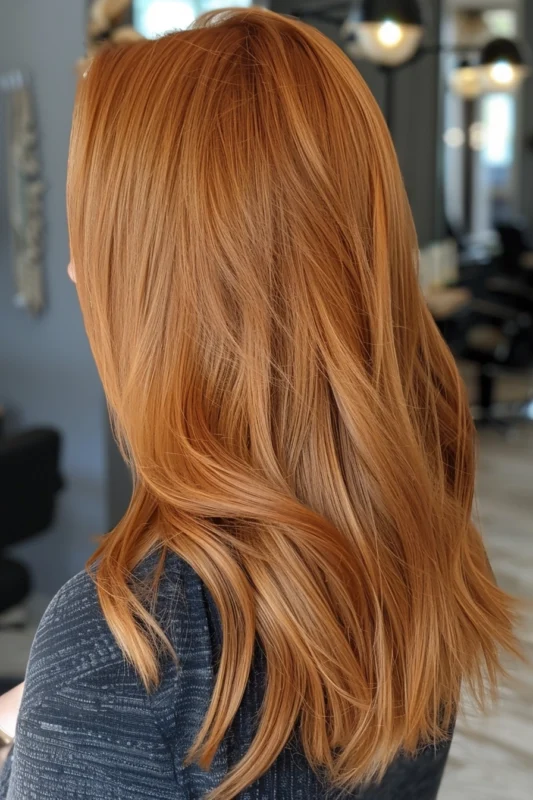 Woman with blonde and copper blended hair, styled in soft waves.