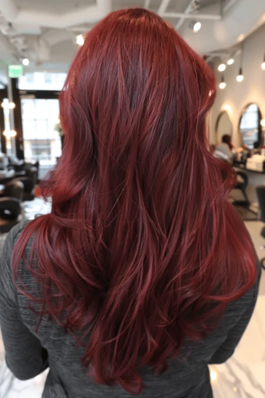 A woman's back view showcasing shiny blood red hair.