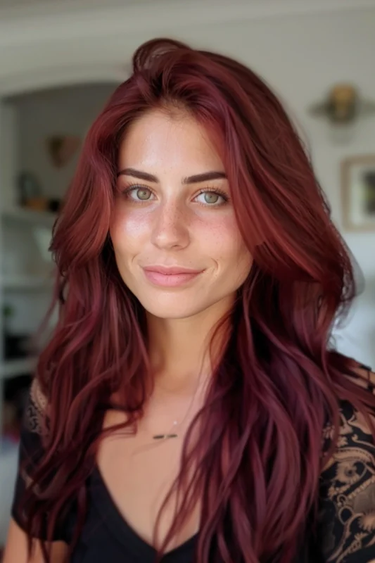 A woman with long, wavy bordeaux red colored hair.
