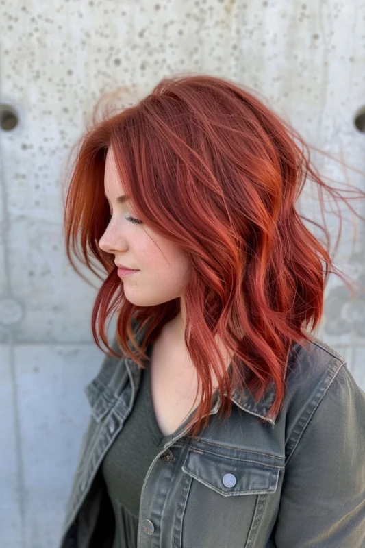 A person with a relaxed, wavy hairstyle in a gorgeous brick red shade.