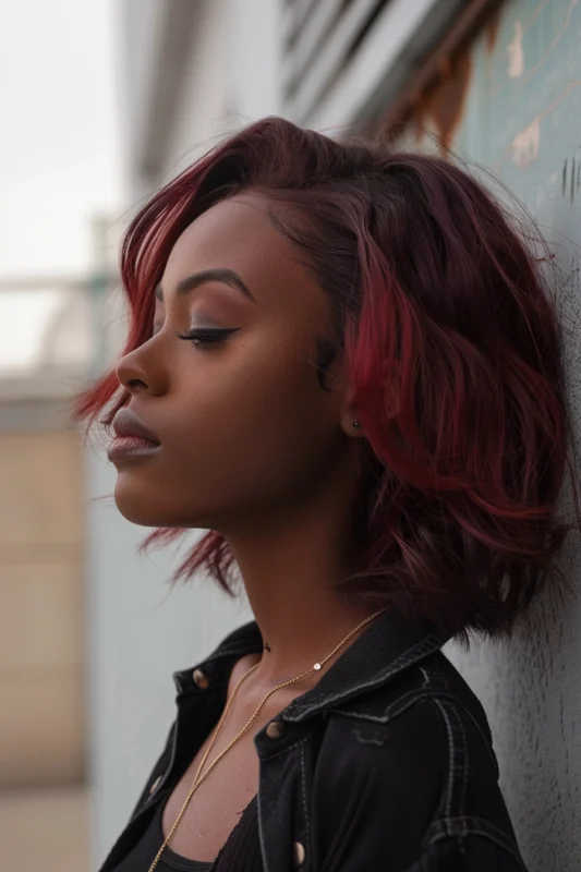 A woman with vibrant bright auburn colored hair.