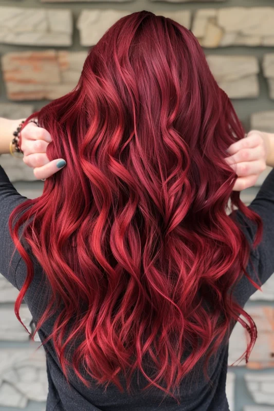 Woman with bright cherry colored hair