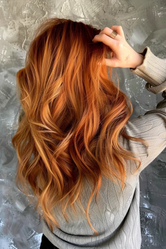 Lush, bright copper balayage on wavy hair.