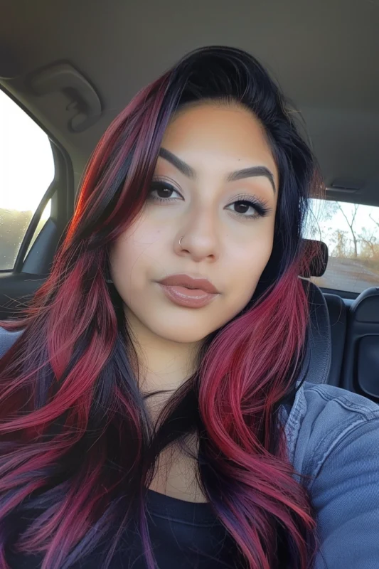 Woman with bright red strands on a dark base