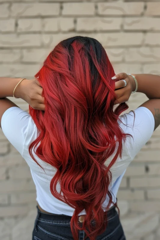 Woman with bright red and black hair