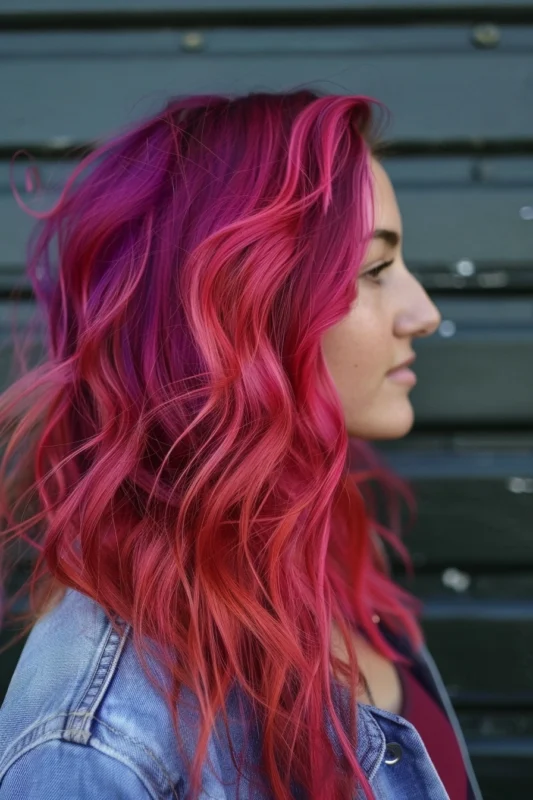 Woman with bright red and pink hair