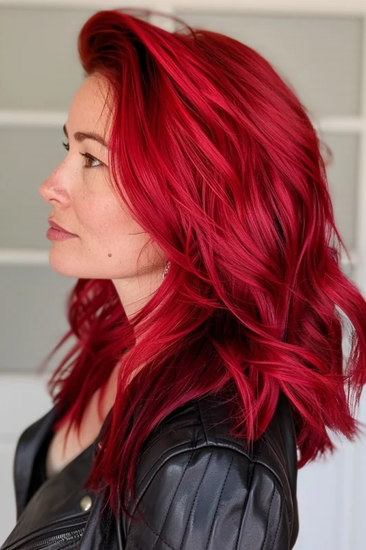 A side profile of a woman with dazzling bright red hair.