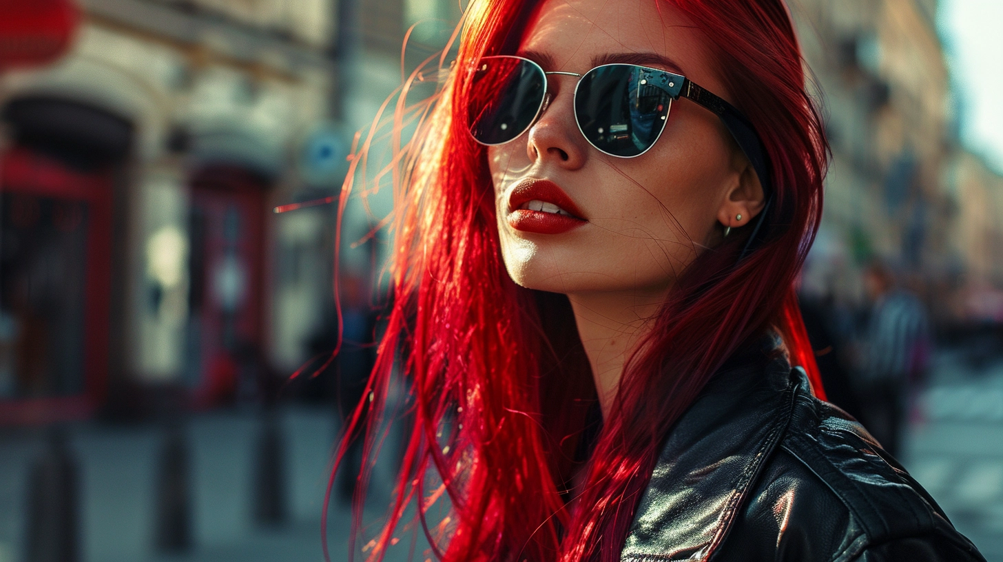 Woman with bright red hair looking into the distance.