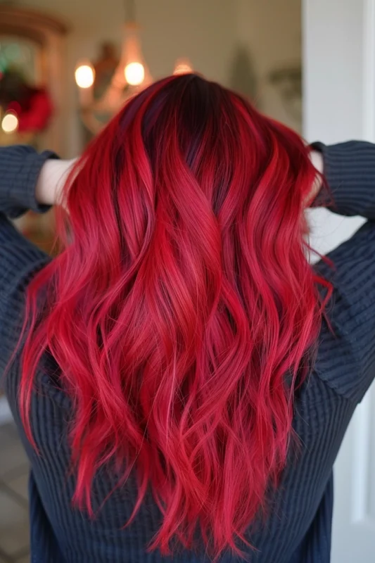 Woman with bright red hair and dark roots