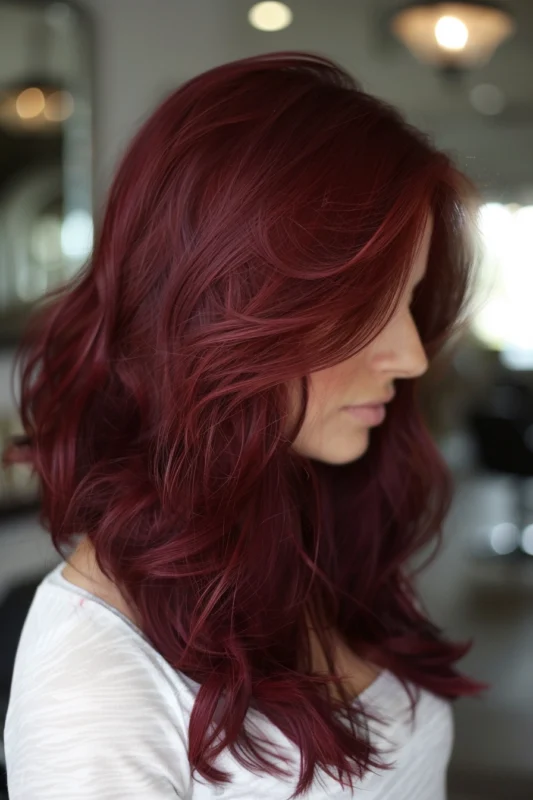 A person with sleek and shiny burgundy red hair.