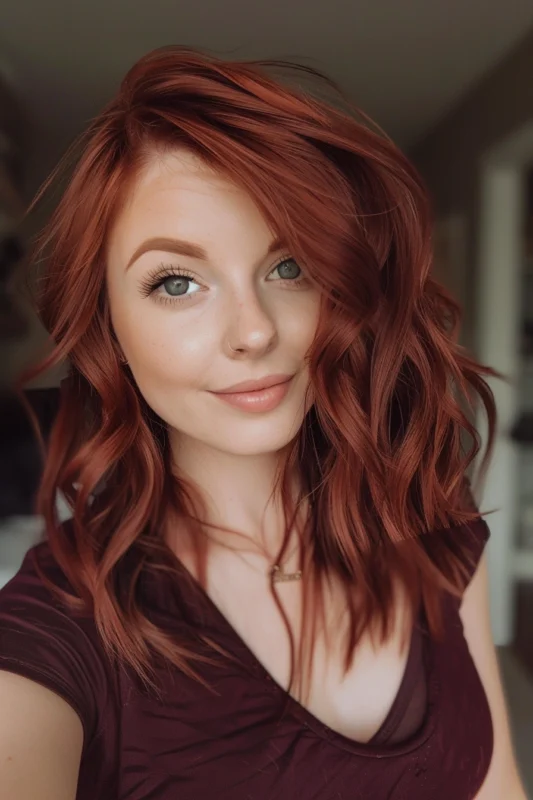 A smiling woman with vibrant burgundy copper hair.