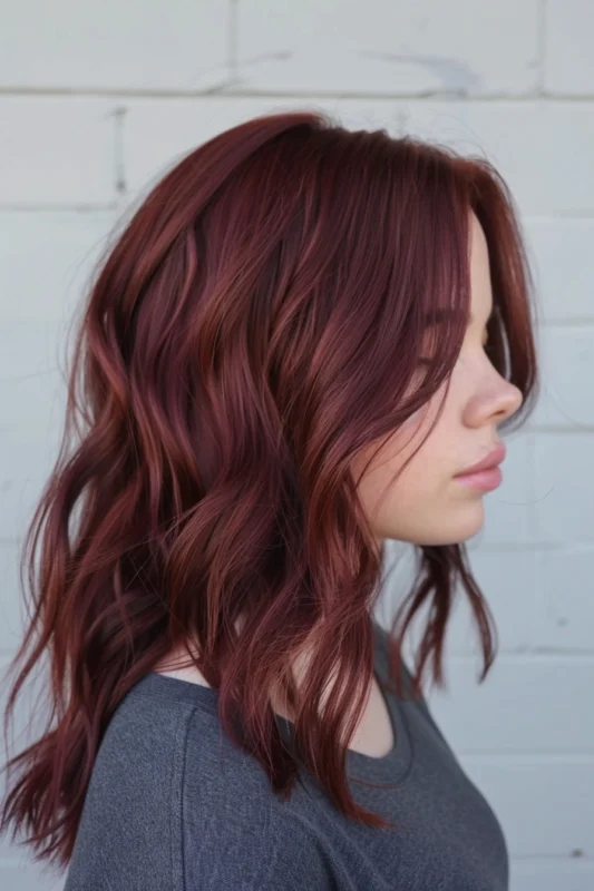 A woman with wavy, mid-length burgundy colored hair with copper highlights.
