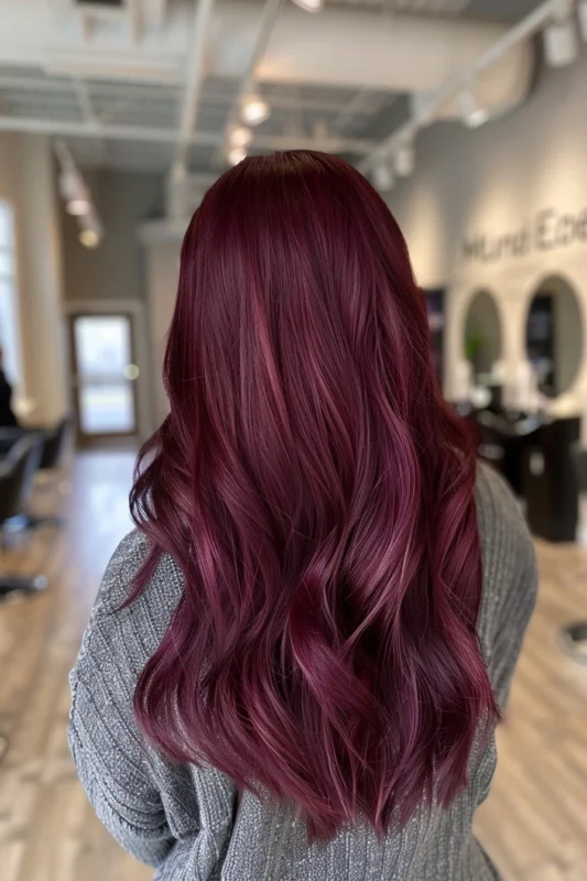 A woman's back showing her long, wavy burgundy hair.