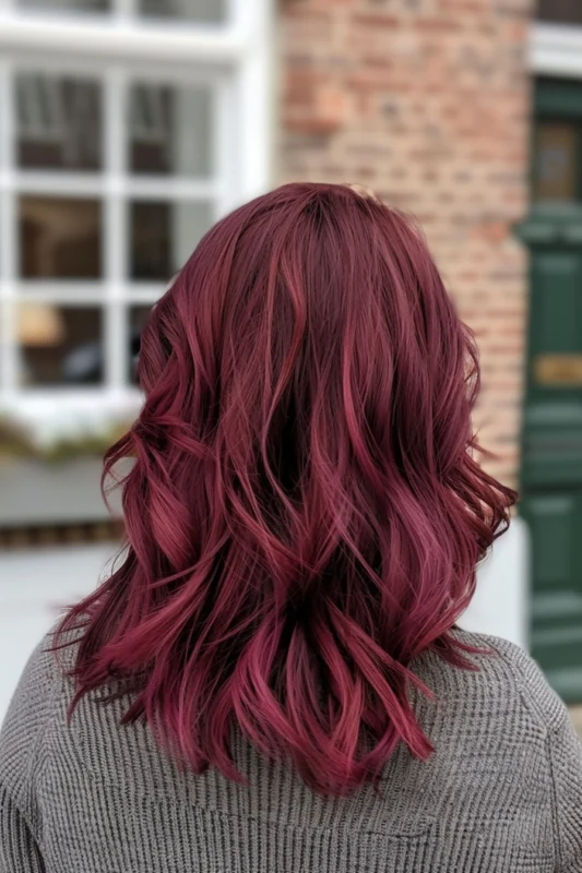 A woman with wavy, burgundy colored hair with magenta undertones.