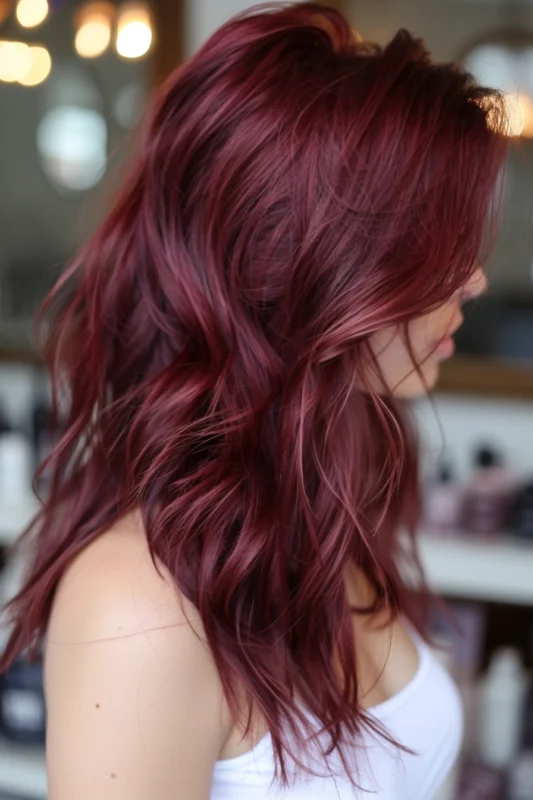 A woman with deep burgundy red waves cascading down the back.