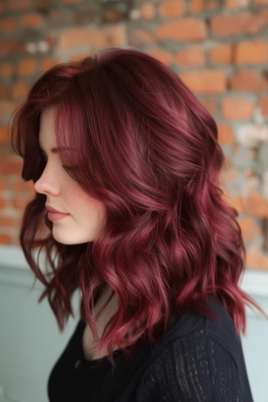 Side profile of a woman with wavy burgundy wine-colored hair.