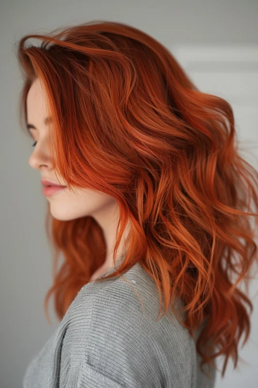 Deep burnt orange copper hair with voluminous curls.