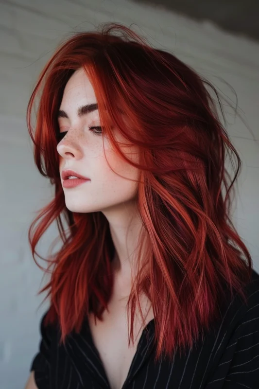 A woman with short, wavy burnt red hair.