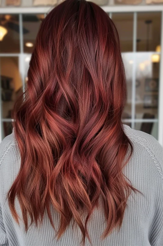 Long, wavy hair in a stunning burnt sienna shade.