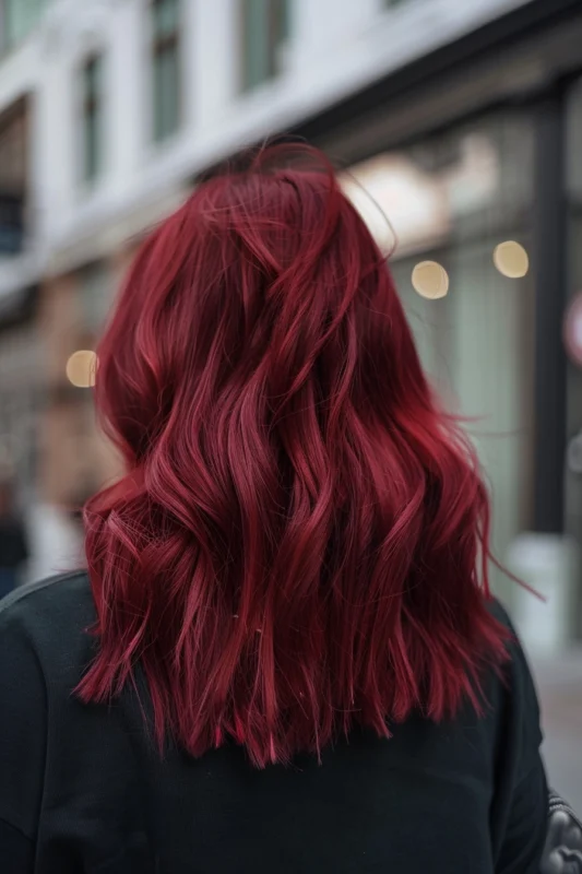 A woman with vibrant, full-bodied cabernet red hair with voluminous curls.