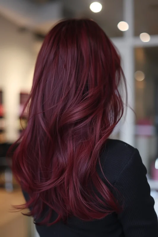 Luscious, wavy hair in a deep cherry cola color.