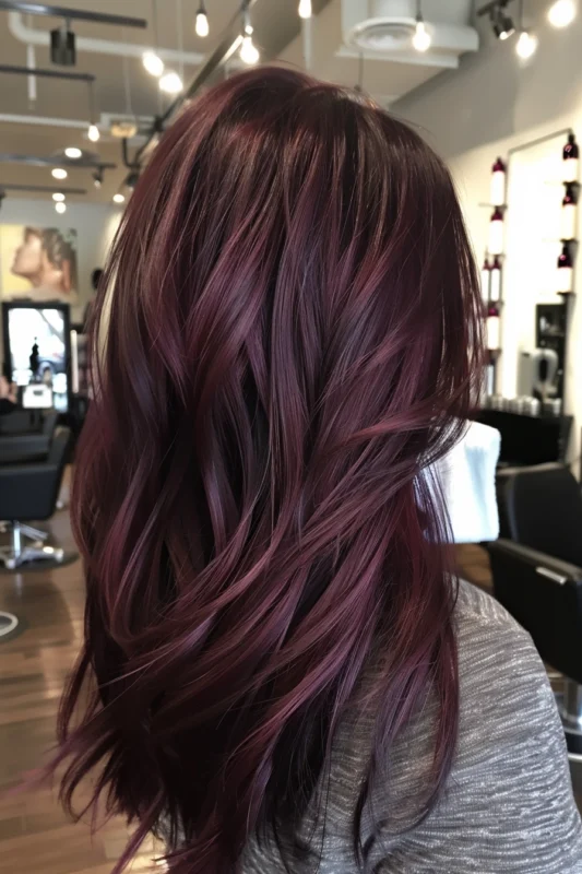 Vibrant, wavy cherry red hair that's bold and striking.