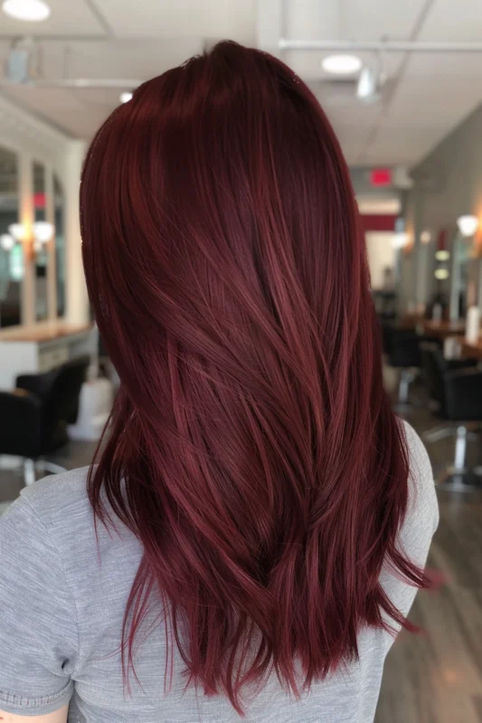 Luxurious, wavy hair in a deep cherrywood color.