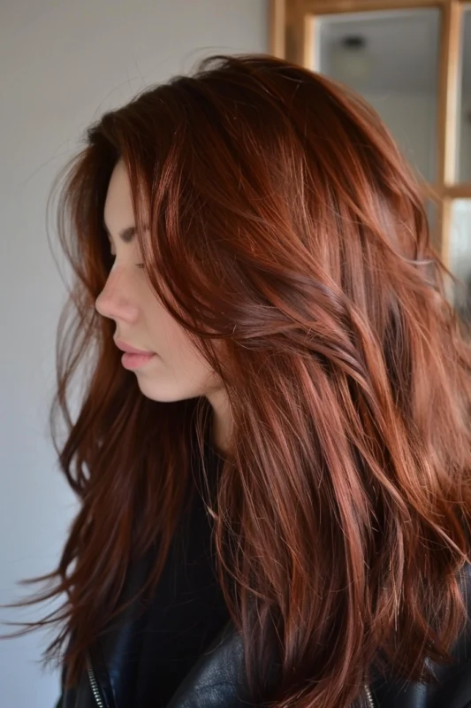 Flowing, wavy hair in a warm chestnut brown shade.