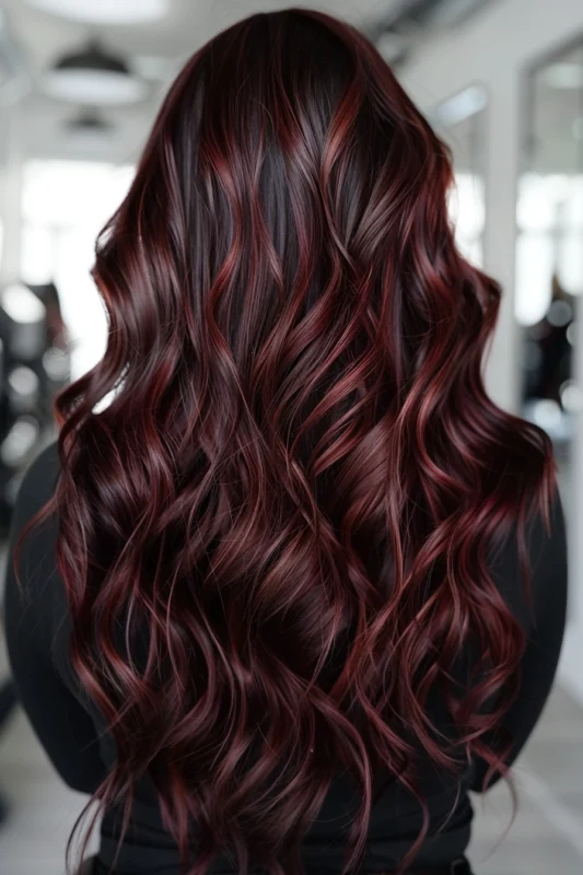 Deep, wavy hair in a luscious chocolate cherry shade.