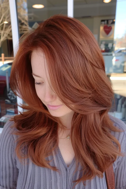 Rich chocolate hair color with copper highlights.