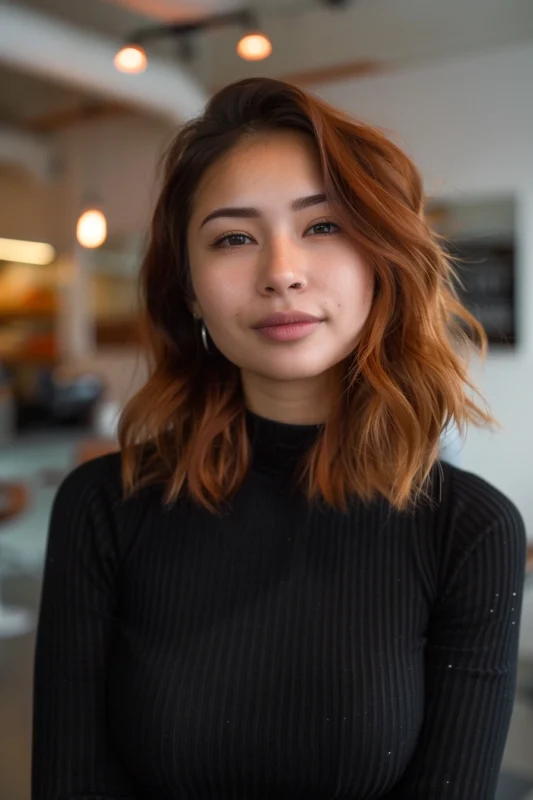 A woman with shoulder-length, wavy cinnamon red hair.