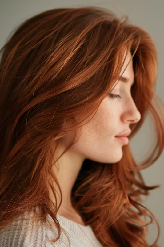 Side profile of a woman with flowing copper auburn hair.