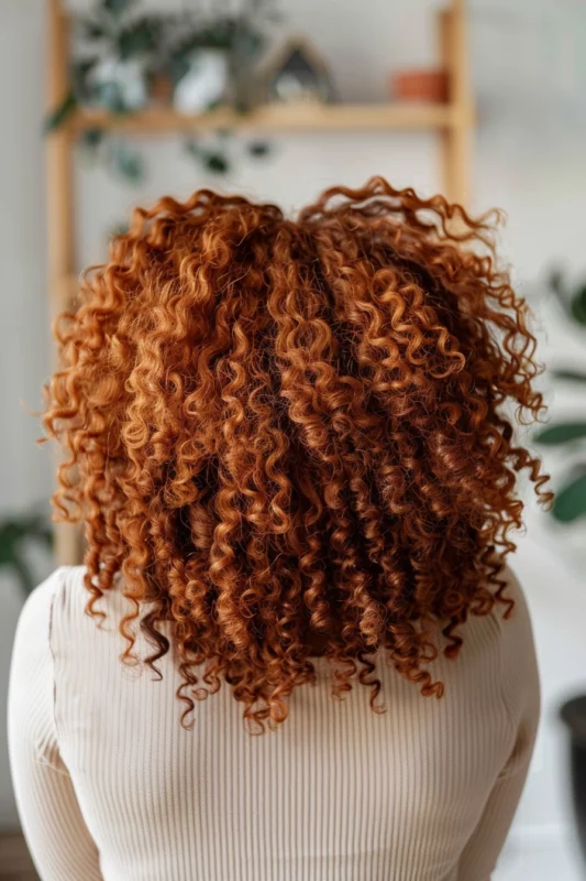 Curly copper balayage hair against a cozy indoor background.