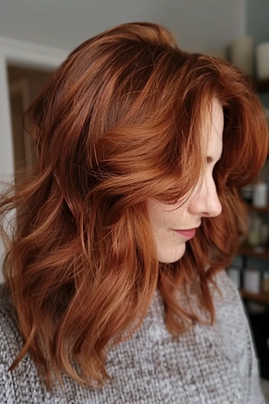 Smiling woman with lustrous copper bronze waves.