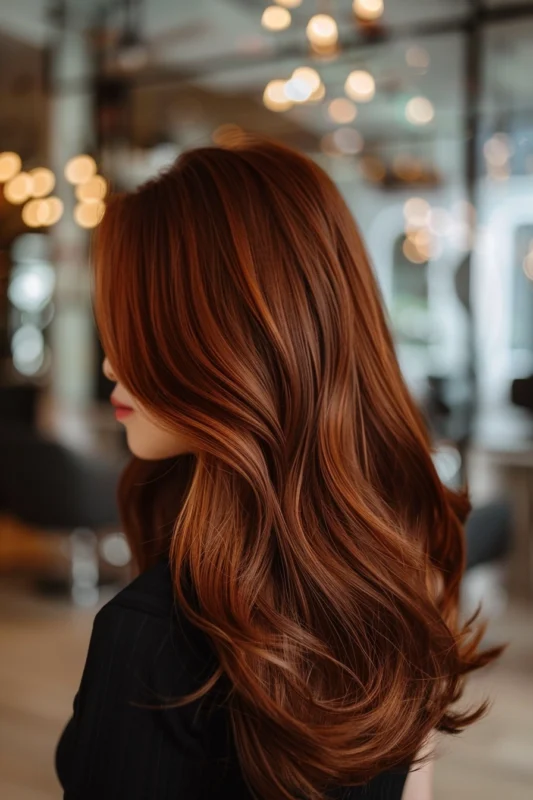 A woman with shiny, flowing copper brown hair.