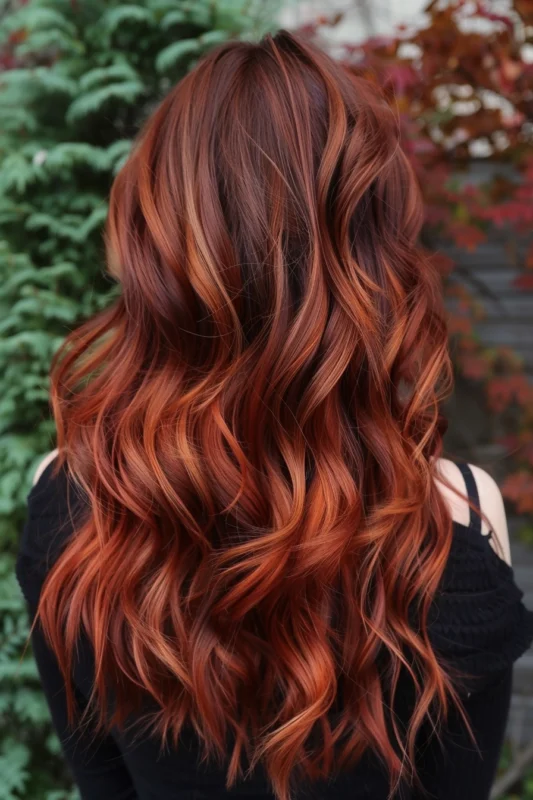 Woman with copper brunette hair styled in soft waves.