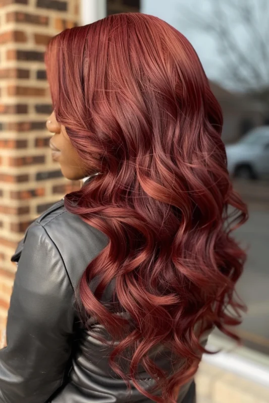 A person with voluminous, copper burgundy colored hair.
