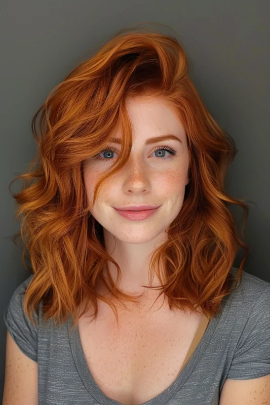 Woman with vibrant copper ginger hair and a playful smile.