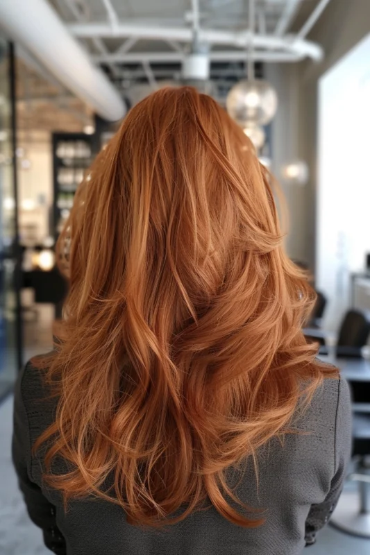 Back view of a woman with luxurious copper gold wavy hair.