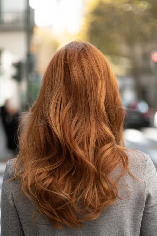Woman with copper hair featuring blonde highlights.